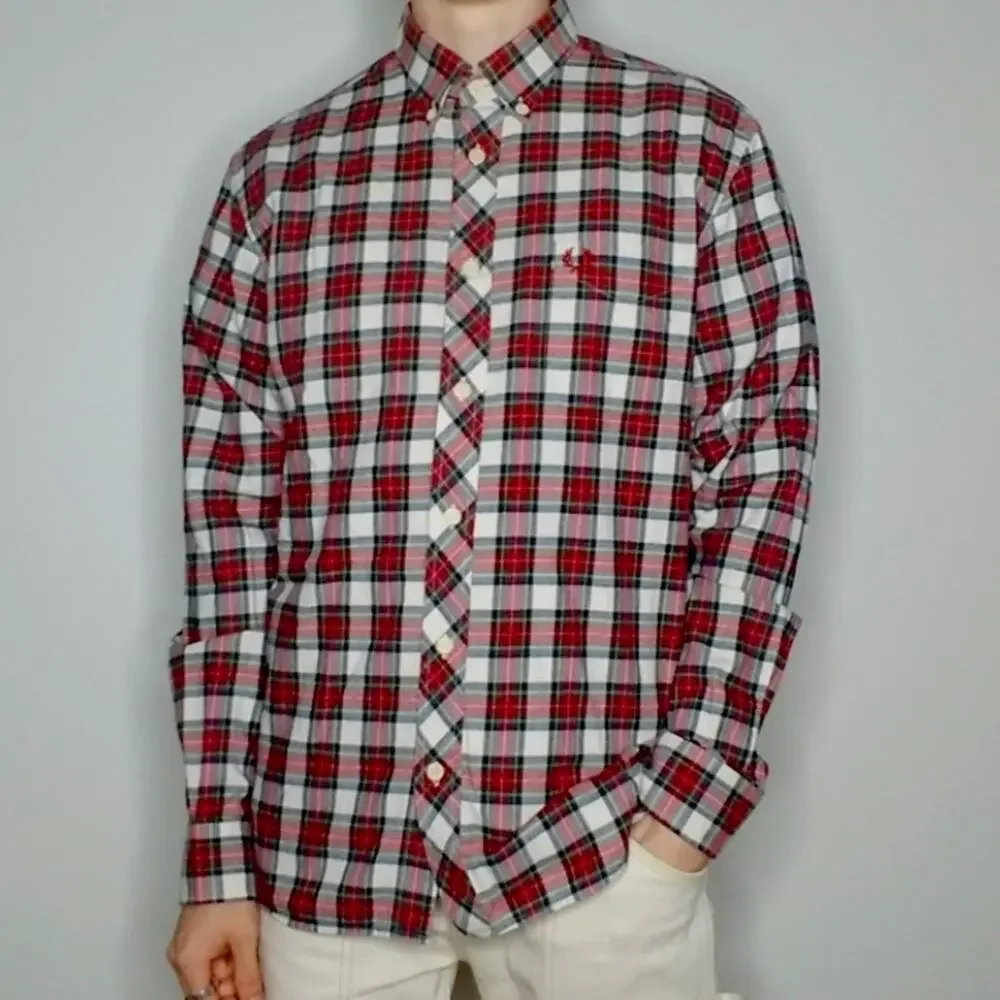 Fred Perry $275 Red & White Plaid Flannel Button Down Shirt sz Small EUC